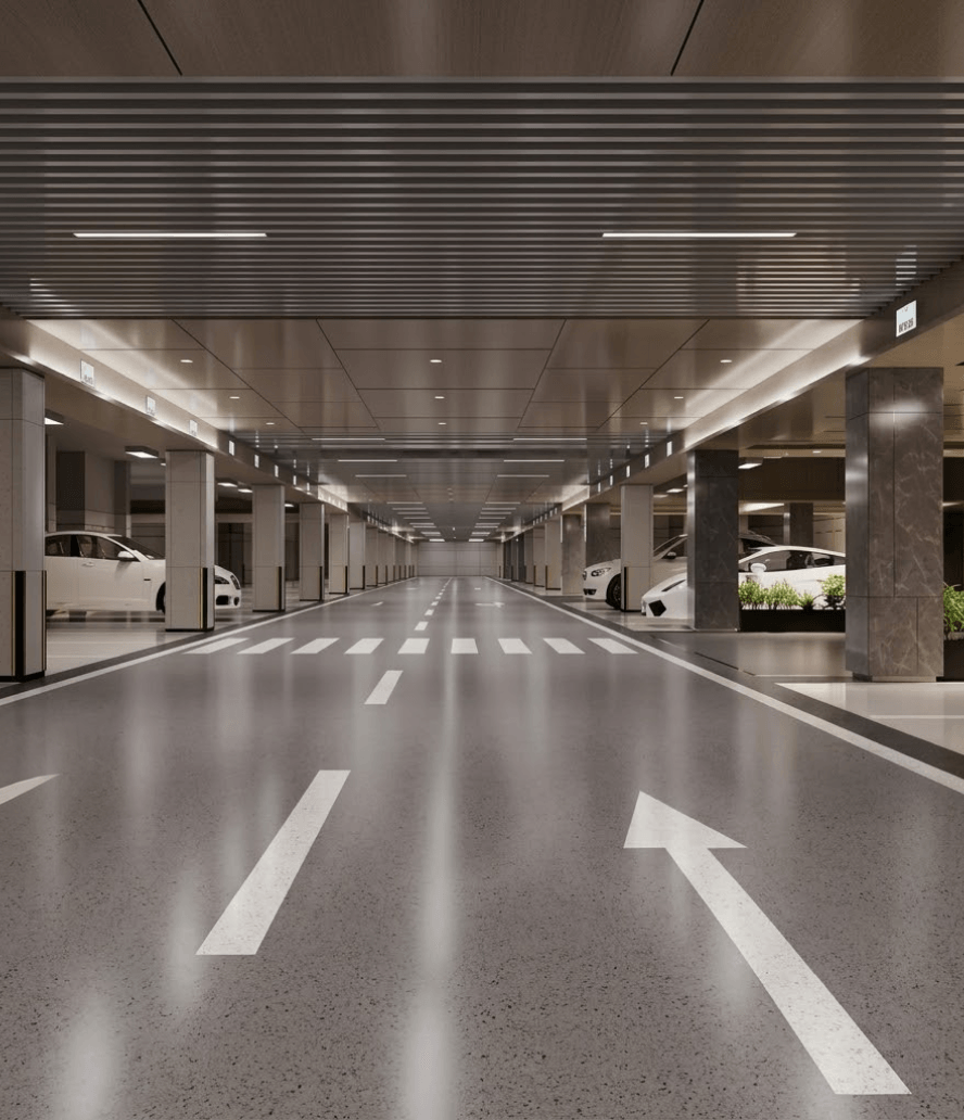 Basement parking level with lit bays and marked lanes