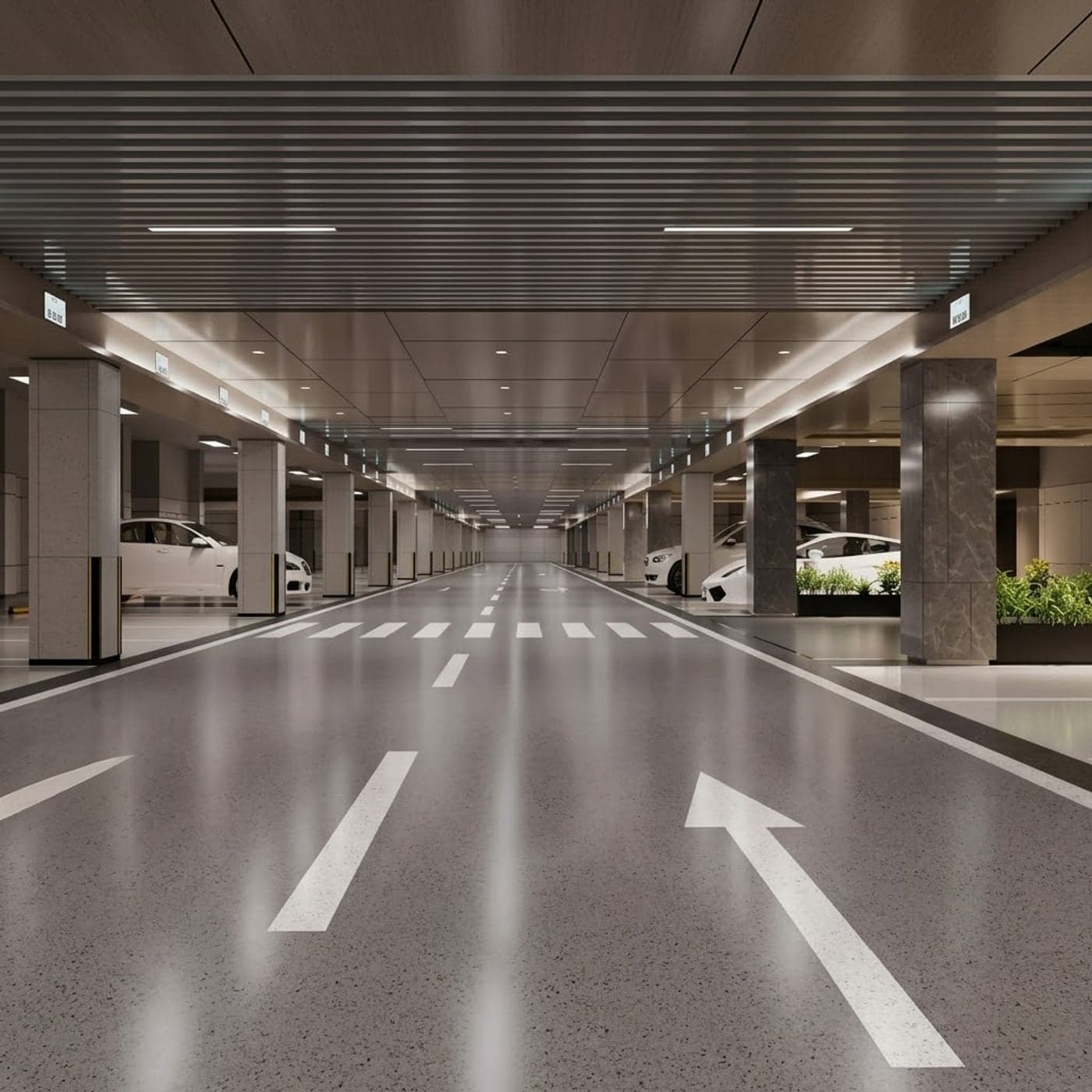 Basement parking level with lit bays and marked lanes