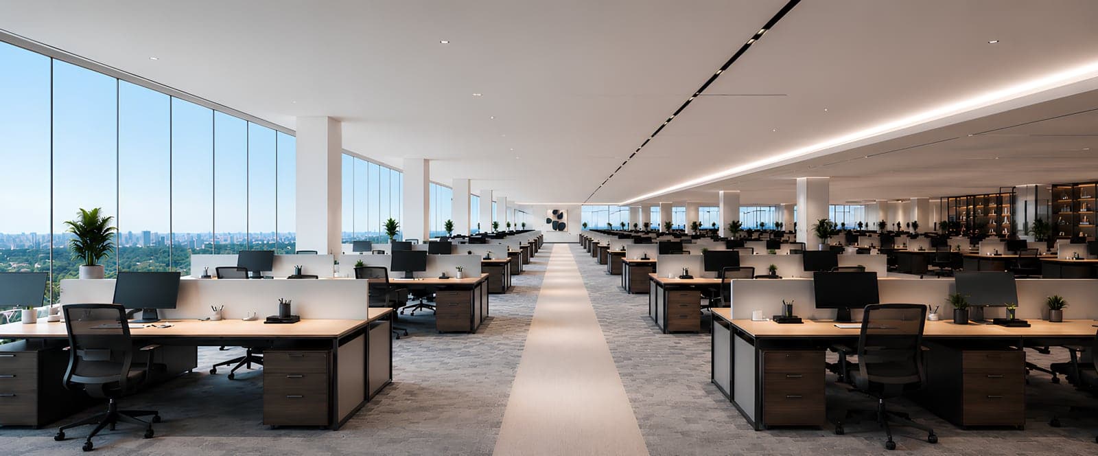 Open-plan office floor with rows of desks under a glazed facade
