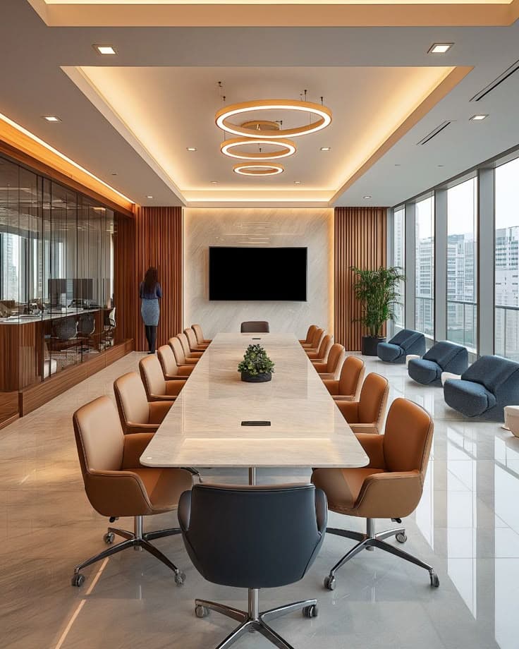 Boardroom with a long table and leather chairs