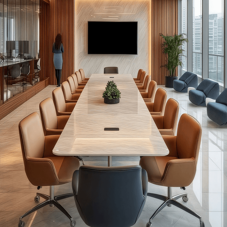 Boardroom with a long table and leather chairs