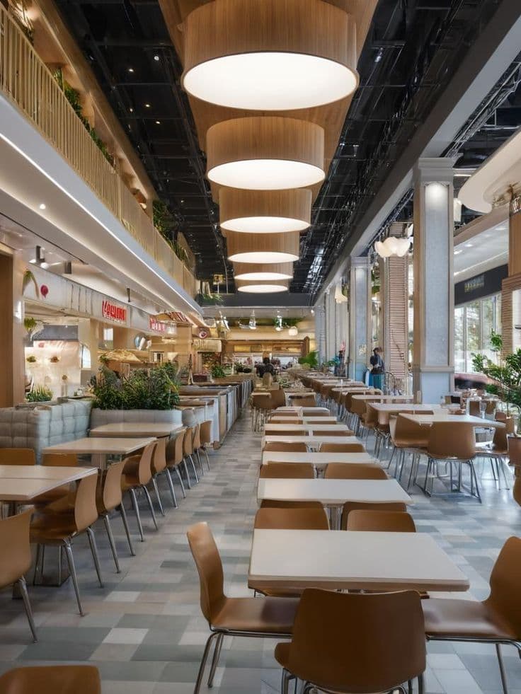 Food hall lined with counters and dining tables