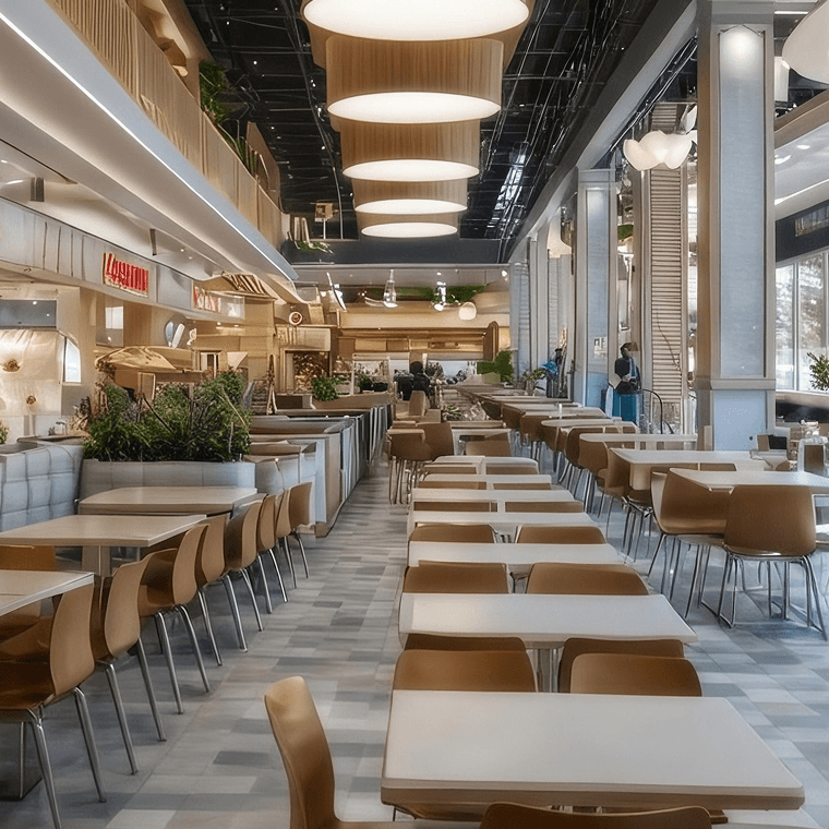 Food hall lined with counters and dining tables