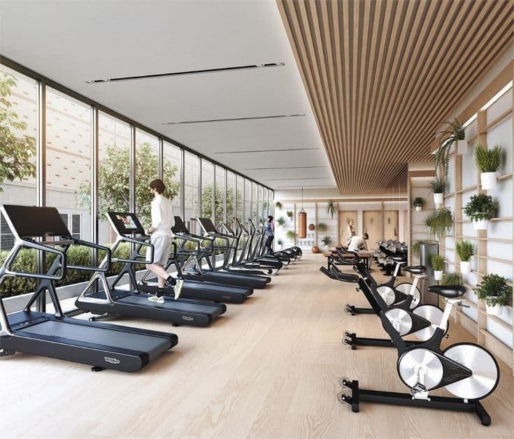 Gym floor with treadmills beside a glazed facade