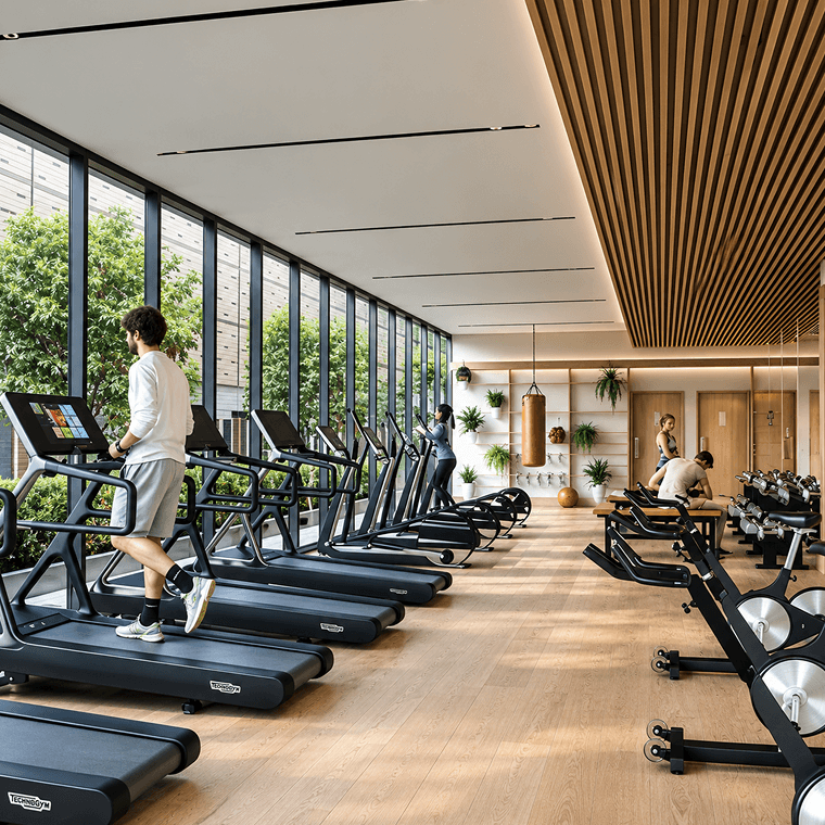 Gym floor with treadmills beside a glazed facade