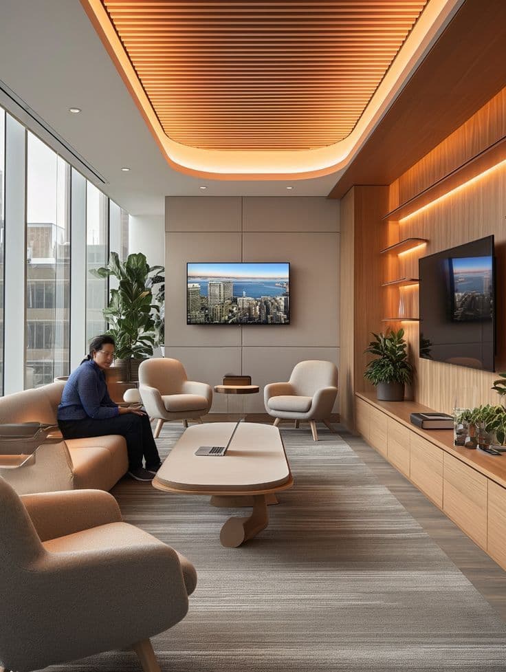 Media lounge with soft seating and a wall-mounted screen