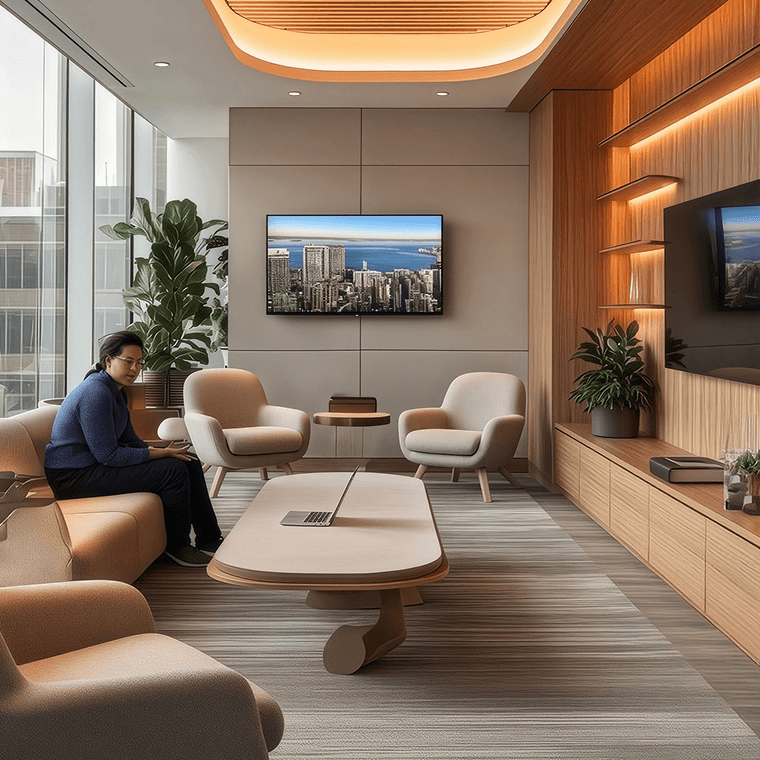 Media lounge with soft seating and a wall-mounted screen