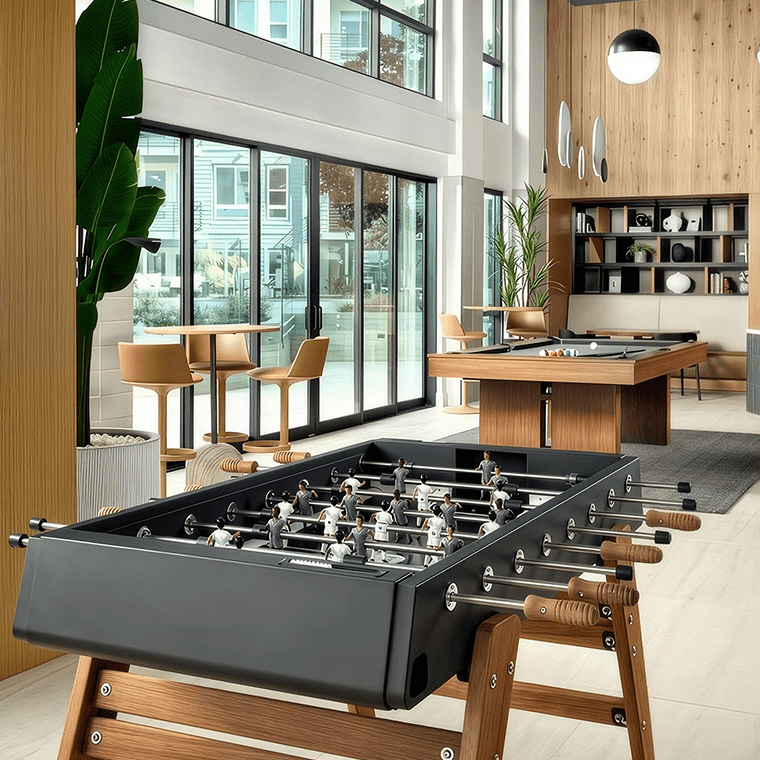 Recreation area with a foosball and pool table