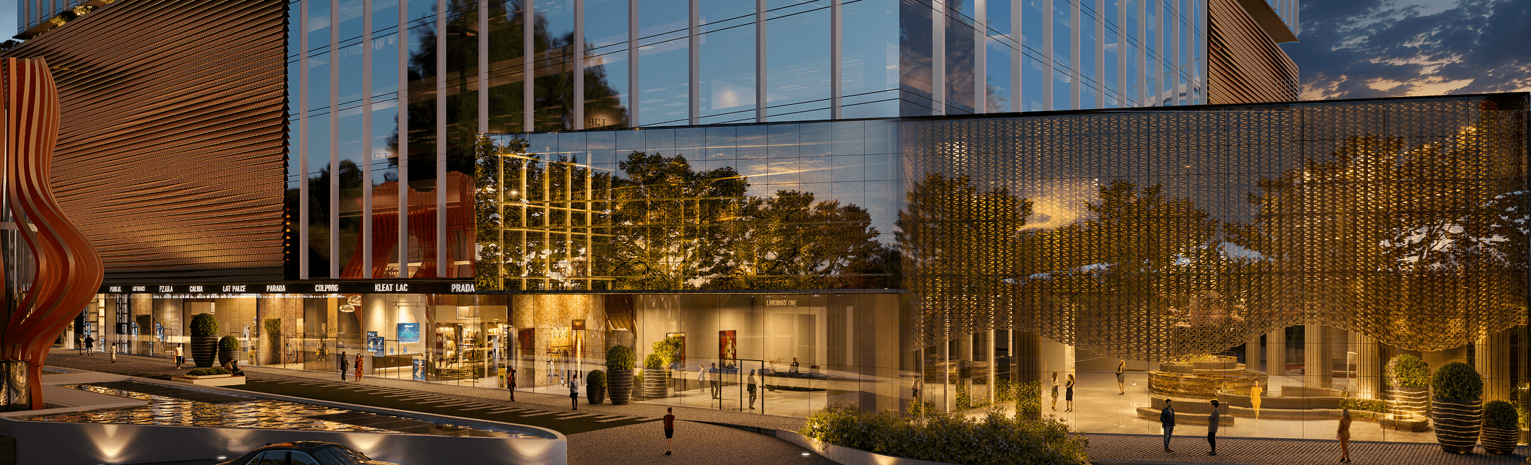 Aerial view of the Landmark One podium and landscaping