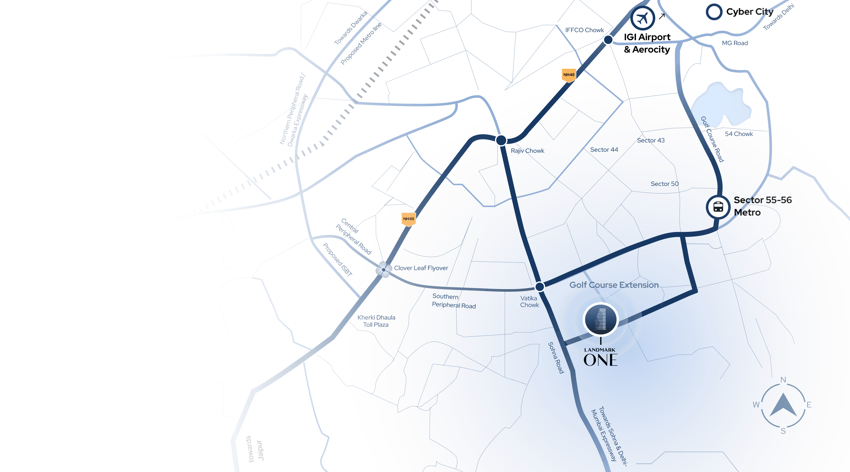 Connectivity map: Sohna Road, NH-48, metro and IGI Airport around Landmark One