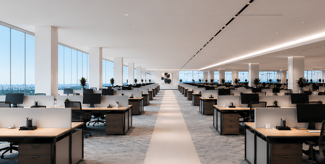 Open-plan office floor with panoramic city views